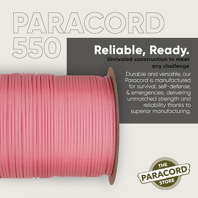 The Paracord Store | Type III 550 Paracord - 250 FT Spool, Rose Pink | Heavy Duty 7 Strand Tactical Paracord - USA Made Nylon Outdoor Parachute Cord for Camping, Fishing & More - Survival Cord