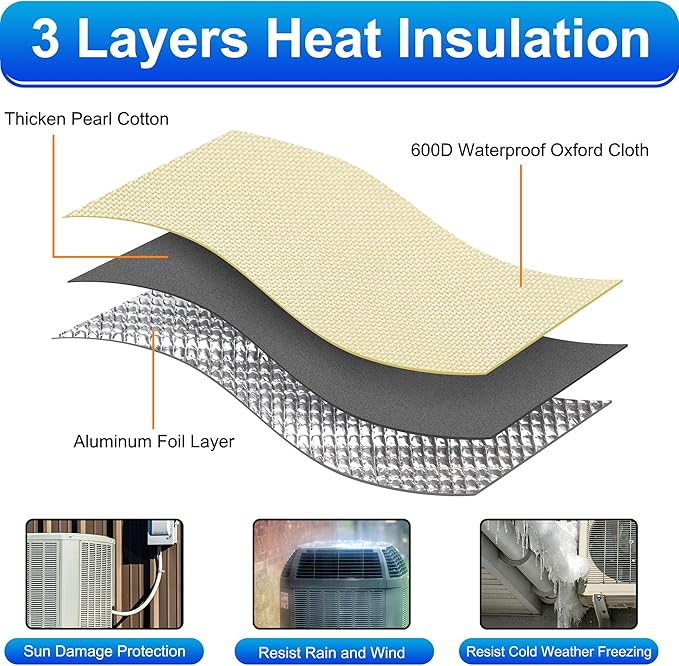 3 Layers HVAC Copper Pipe Insulation Cover Protector,Flexible AC Copper Line Insulation Sleeve,600D Oxford 72x10.2 Inch AC Pipe Insulation Wrap for Outside Central Air Conditioning Splits Khaki