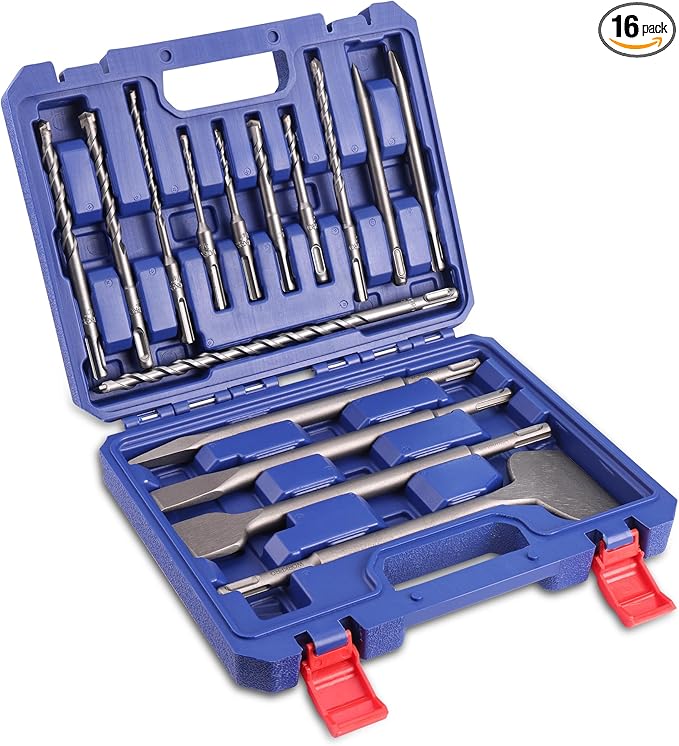 WORKPRO 16-Piece SDS-Plus Rotary Hammer Drill Bits and Chisel Set, Carbide-Tipped Masonry Drill Bits and Chisels for Concrete, Stone, Brick, with Storage Case, SDS Chuck Fit Only