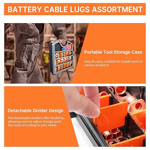 Kuject 120PCS Battery Cable Ends AWG 1 2 4 6 8 1/0 2/0 Gauge, 60PCS Heavy Duty Copper Wire Lugs Kit, Battery Cable Terminal Connectors Assortment with 60PCS 3:1 Heat Shrink Tubing