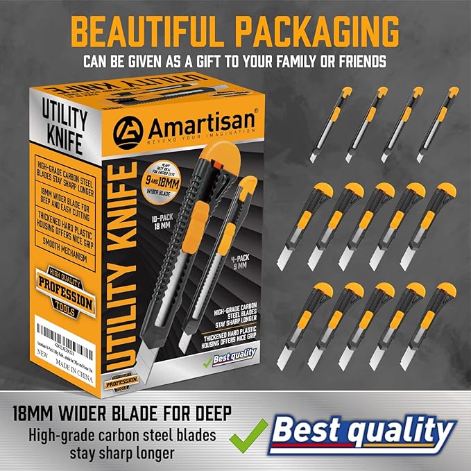 Amartisan 14-Piece Retractable Box Cutter, Utility Knifes for Boxes, Cartons, Cardboard Cutting, 18mm & 9mm Wide Blade Cutter, Very Suitable for Office and Home Use.