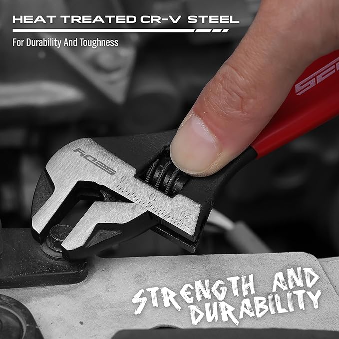 6" Adjustable Wrench Pipe Spanner: Wide Jaw Black Oxide Wrench With Cushion Grip, Laser Marked Metric & SAE Scales, CR-V Steel, for Professionals