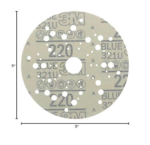 3M Hookit Blue Abrasive Discs 36162, Multi-Hole, 5 in, 220+ Grade, Pack of 50, Virtually Dust-Free, for Auto Sanding, Body Repair, Featheredging, Primer Sanding, Paint Preparation, E-Coat Sanding