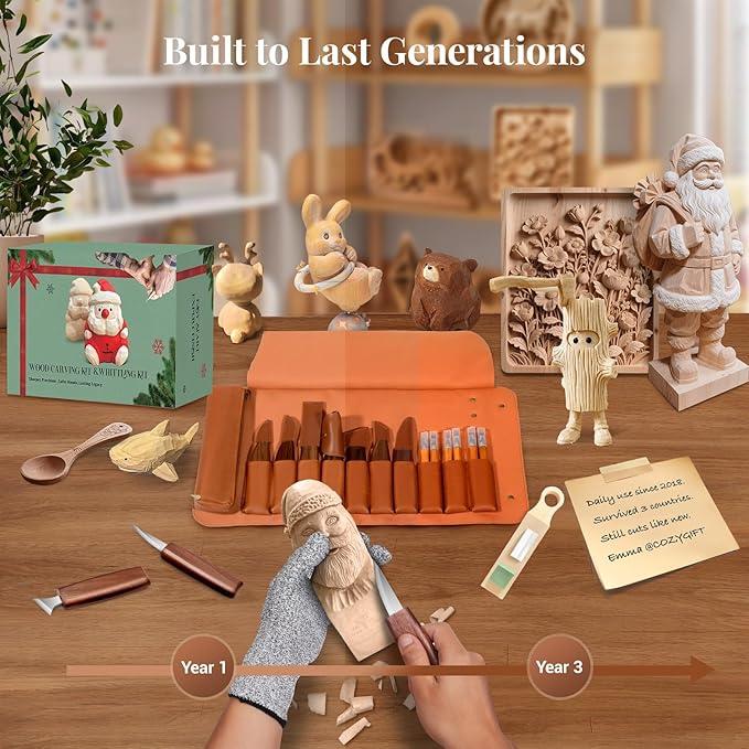 COZYGIFT Wood Carving Kit for Adults & Beginners - 31-Piece Set with 7 Whittling Knives & 6 Detail Gouges, 2 Pre-Carved Basswood Blocks, Leather Roll & Splinter-Free Handles for Woodworking & DIY Gift