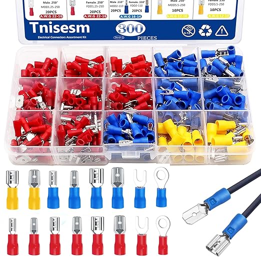Tnisesm 300Pcs Spade Connector,Crimp Connectors 2.8mm 4.8mm 6.3mm Male and Female Spade Connector kit, 16 Types Crimp Terminals Electrical Connectors Includes Spade Ring Fork Wire Connectors
