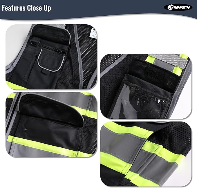 JKSafety 11 Pockets Hi-Vis Black Mesh Safety Vest for Men Women High Visibility Reflective Construction with Zipper Work Utility PPE Work Gear ANSI/ISEA compliant (102-Black 4XL)