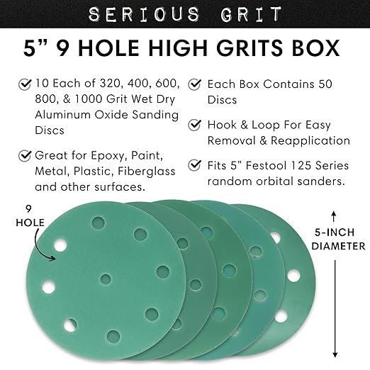 5-Inch 9-Hole High Grit Sanding Discs Assortment - 320, 400, 600, 800, 1000 Grit (10 of Each) - Wet Dry Hook & Loop Film Discs - Sandpaper for Random Orbital Sanders - 50 Pack Box