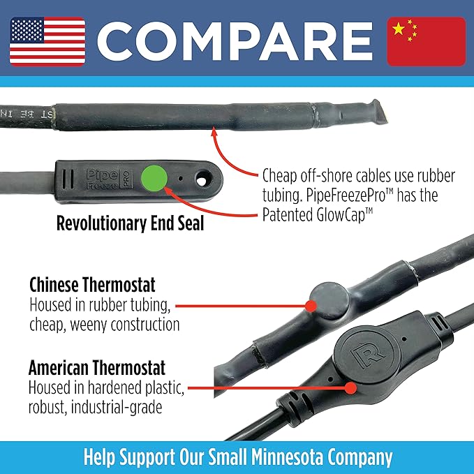 Radiant Solutions Company Intelligent Heat Tape for Water Pipe Freeze Protection - with GlowCap™, Built-in Thermostat, Tape Included, 10-yr Warranty, Heavy-Duty, Self-Regulating, 120V (200 Ft)