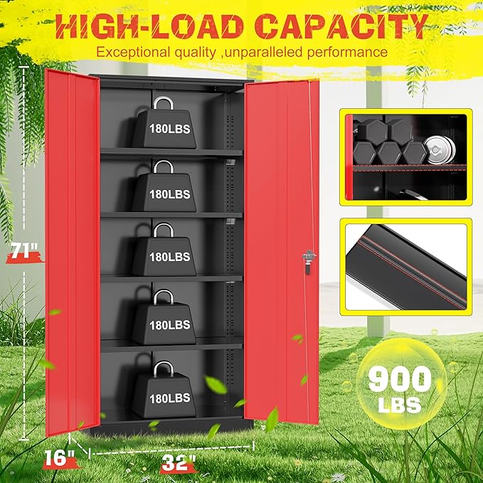Pataku Metal Storage Cabinet, 71" Garage Cabinet with Doors and Shelves Lockable Steel Multifunctional Cabinets, File Cabinets for Home, Office, Warehouse(Black Red)