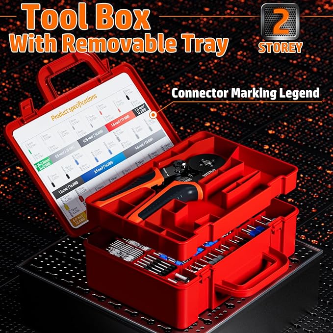 PEBA Ferrule Crimping Tool Kit, Square Pliers AWG28-7 & 33 Sizes Ferrules(AWG24-8) for Electrical Wiring/DIY Terminals | Self-Adjusting Ratchet Crimper - Copper Ferrule Kit