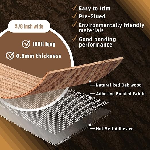 GSCIT Club Red Oak Edge Banding, 5/8 inch x 100ft roll of Veneer Edge Banding -Pre-glued Flexible, Real Wood Tape Banding for Cabinet Repair Furniture Restoration