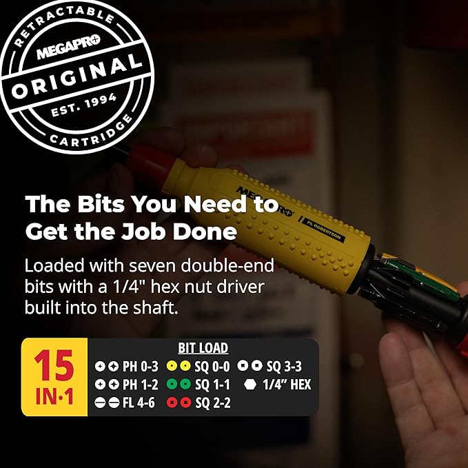 MEGAPRO® 15-in-1 Original Multi-bit Screwdriver | Home DIY & Repair | Construction | Tradeswork | 14 Industrial-grade bit tips | 1/4" Hex Drive in shaft (PL Robertson)