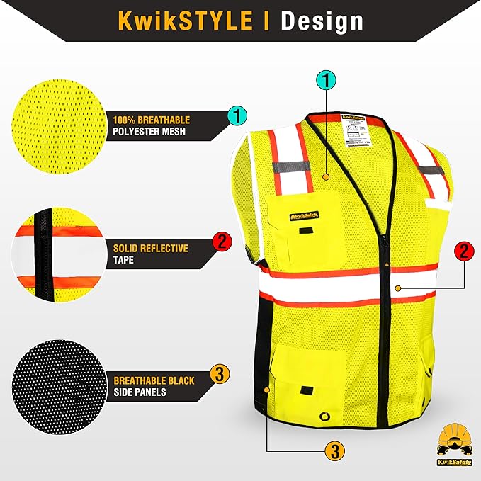 KwikSafety - Charlotte, NC - BIG KAHUNA Safety Vest [11 Pockets] Class 2 ANSI OSHA Reflective Vest Durable High Visibility Vest Construction Safety Vest for Men Industrial Work Gear/Yellow Small
