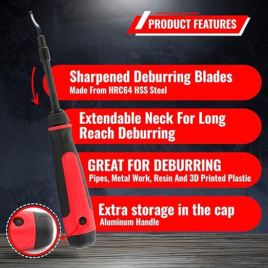 AFA Tooling - Extendable Neck Deburring Tool with 16 Extra Swivel Blades - Works on Metal, Resin, PVC Pipes, Copper, Plastic and 3D Printed Edges - Plumbing & 3D Printing Burr Removal Reamer Tool