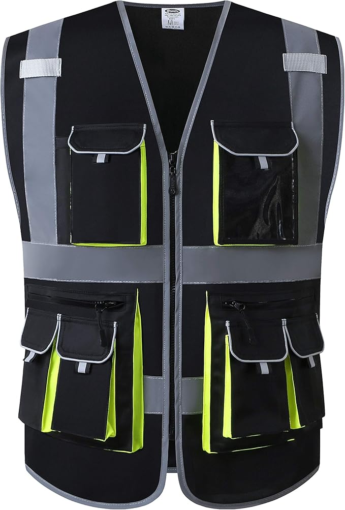 JKSafety 10 Pockets Black Color Safety Vest Zipper Front with High Reflective Strips Meets ANSI/ISEA Standards (88-Black, Large)