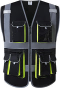 JKSafety 10 Pockets Black Color Safety Vest Zipper Front with High Reflective Strips Meets ANSI/ISEA Standards (88-Black, Large)