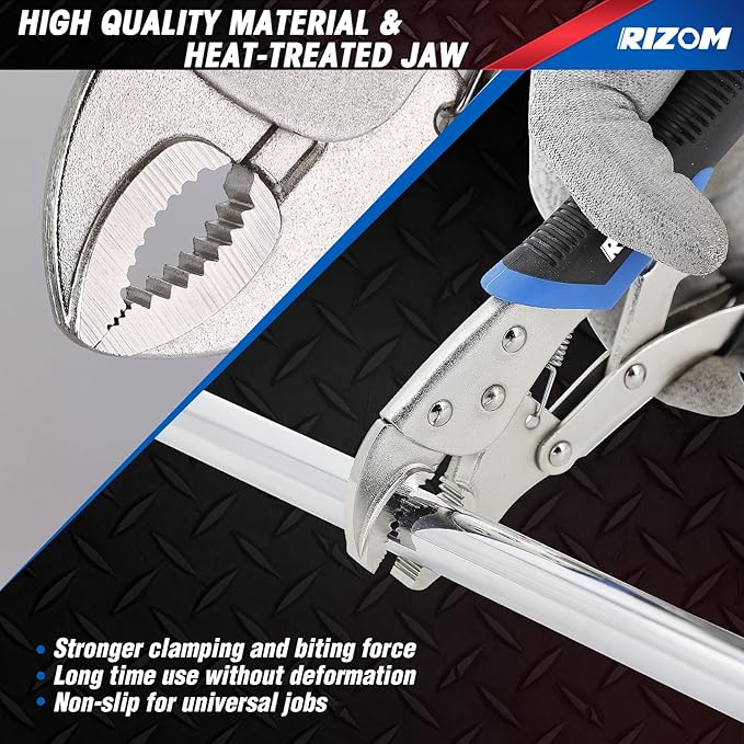 Rizom Vice Grips Pliers Set, 6-Piece Locking Pliers Set, 6-1/2”, 9-1/2” Needle Nose Vice Grips, 5”, 7” and 10” Curved Jaw Vise Grip, 6” C-clamp Locking Pliers, Fast Release with Rolling Pouch