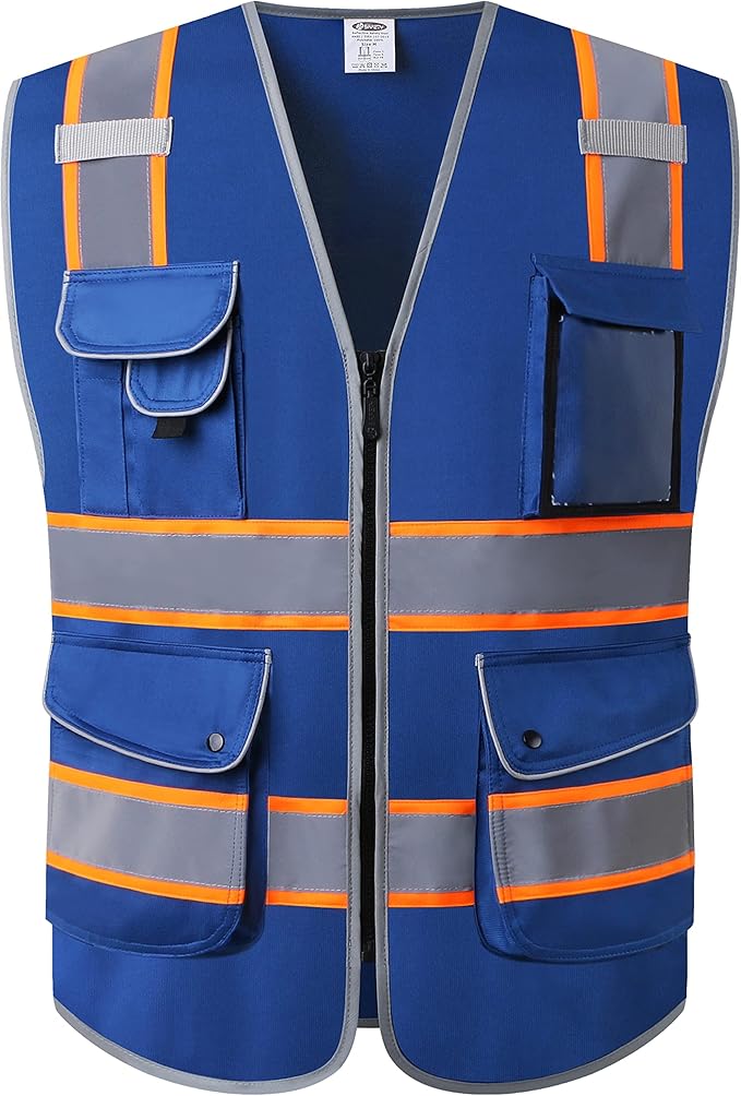 JKSafety 9 Pockets High Visibility Zipper Front Safety Vest | Blue with Dual Tone High Reflective Strips | Meets ANSI/ISEA Standards (901-Blue, Large)