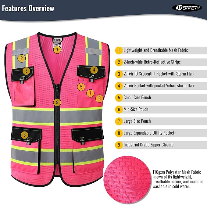 JKSafety Hi Vis Reflective Safety Vests for Men Women High Visibility Vest with Pockets Mesh Fabric Construction Safety Apparel Neon Vest for Work (220-Pink XL)