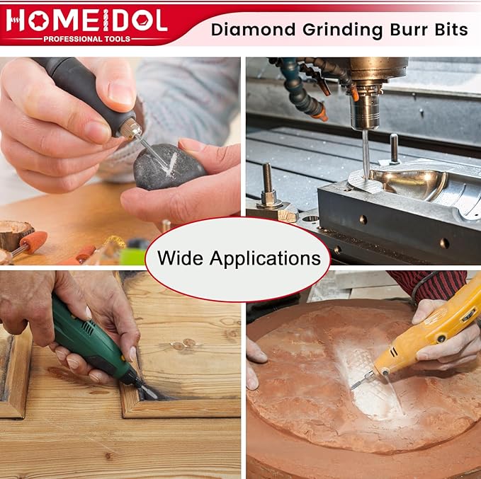Stone Carving Set Diamond Burr Bits Compatible with Dremel, 11PCS Polishing Kits Rotary Tools Small Long Cone Accessories with 1/8’ Shank For Carving, Engraving, Grinding, Stone, Rocks, Jewelry, Glass
