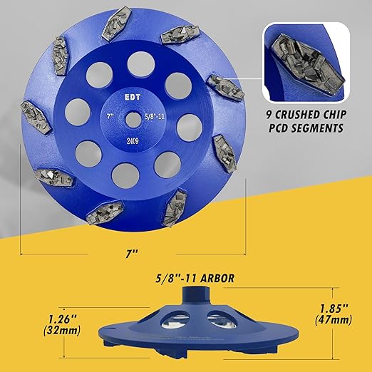 7" PCD Grinding Wheel for Epoxy, Glue, Mastic and Paint, 9 Crushed Chip PCD Segments, 5/8"-11 Threaded Arbor