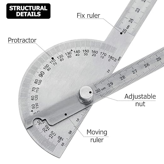 Angle Protractor Angle Finder Ruler Two Arm Stainless Steel Protractor Woodworking Ruler Measure Tool with 0-180 Degrees(30 cm/ 11.8 Inch)