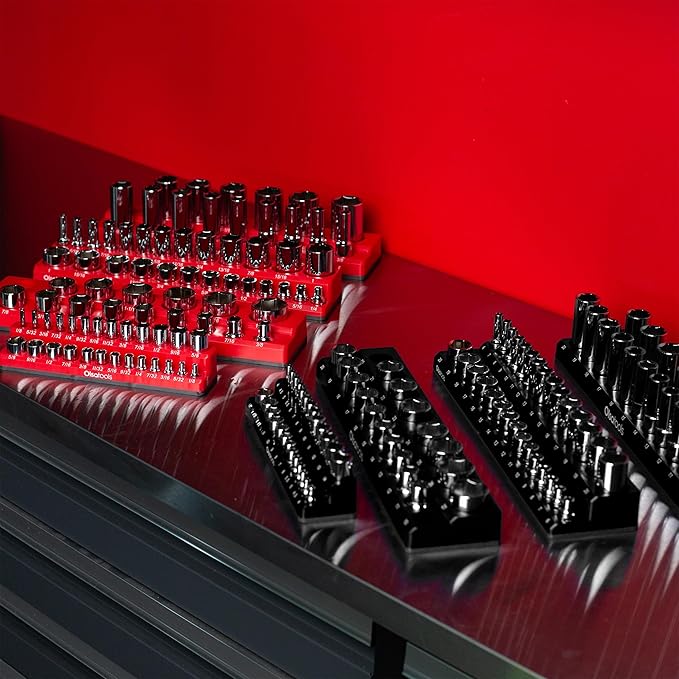 Olsa Tools Magnetic Socket Organizer | 1/2-inch Drive | SAE | RED | Holds 16 Sockets | Professional Quality Tools Organizer