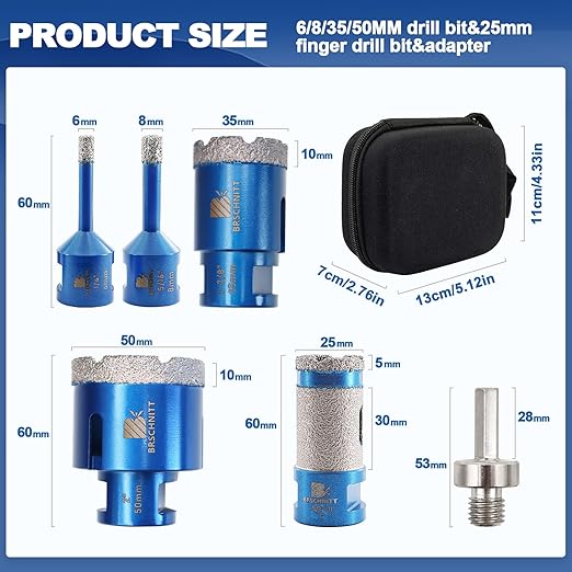 Tile Hole Saw Kit - BRSCHNITT Diamond Core Drill Bit Set 1/4",5/16",1-3/8",2" Drill Bit&1" Diamond Finger Milling Bit for Porcelain Tile Ceramic Marble Granite & Adapter