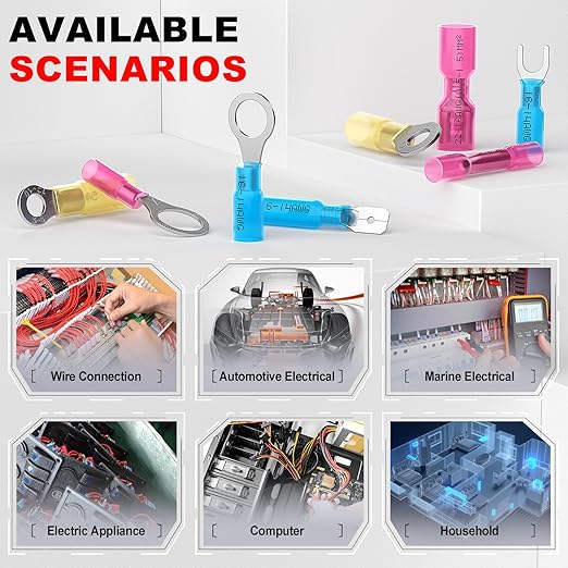 AIRIC 12-10 AWG - 1/4" Heat Shrink Ring Terminals, Copper Terminal Connector Ends, Battery Cable End Lugs, Yellow Insulated Electrical Crimp Wiring Connectors, Wire Lug for 12, 10 Gauge Wires, 50 PCS