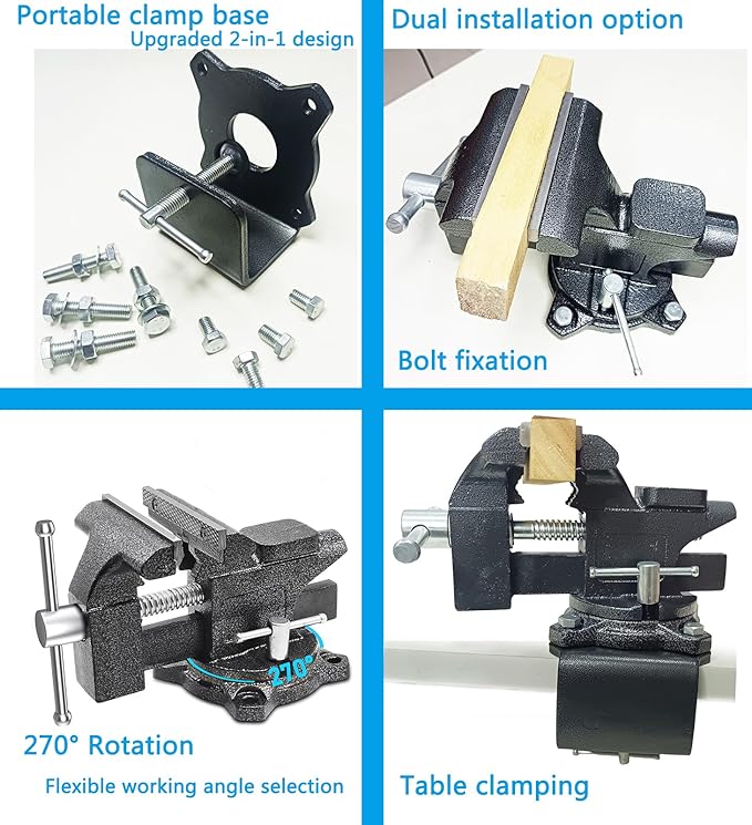 MYTEC 2-In-1 Bench Vise Heavy Duty for Workbench, 6.0" black, Upgraded Multi-Purpose Table Vice, Universal Rotate 270°Work Clamp-On Vise
