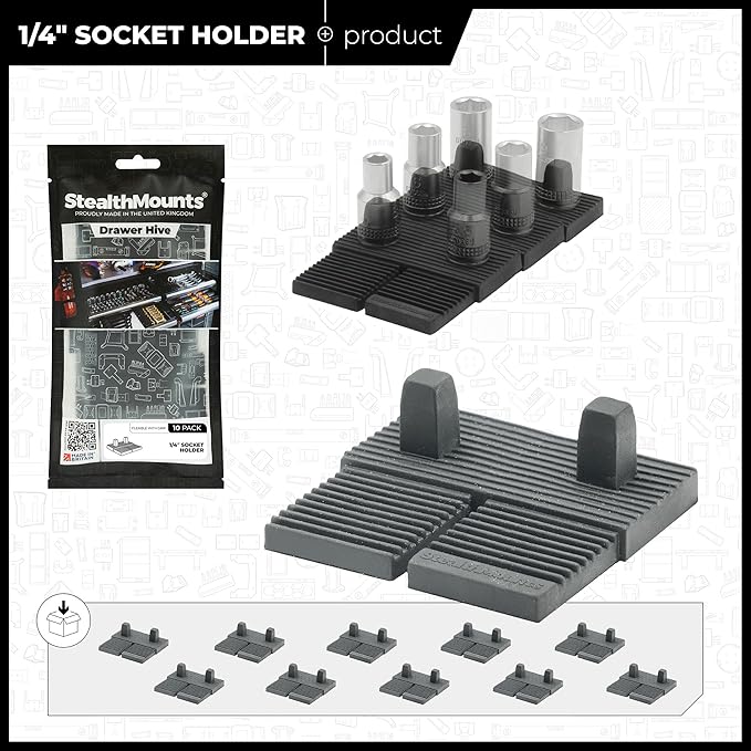 StealthMounts Drawer Hive ¼ Socket Holder – 10 Pack | Modular Drawer Tool Organiser | Injection-Moulded TPE | Made in The UK