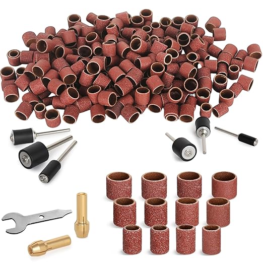 300Pcs Sanding Drums Kit – 80/120/240 Grit Sanding Bands with 24 Drum Mandrels, 2 Self-Tightening Drill Chucks & 1 Wrench – Tool Accessories Sanding Drum Bits for Rotary Tool