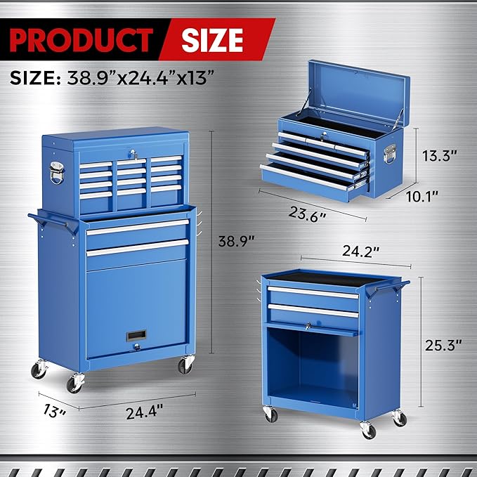 Crownland 8-Drawer Rolling Tool Chest with Wheels, Lockable 2 in 1 Detachable Tool Cabinet wit Drawers and Black Liners, Garage Top Toolbox & Bottom Storage Cart with Side Hooks(Blue)