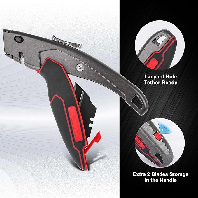 HAUTMEC Heavy-Duty Utility Knife, Safety Box Cutter with Auto-Retracting & 3-Position Locking Dual-System, Built-In Wire Stripper, Blade Storage and 3 Ultra-sharp SK4 Blades – HT0311
