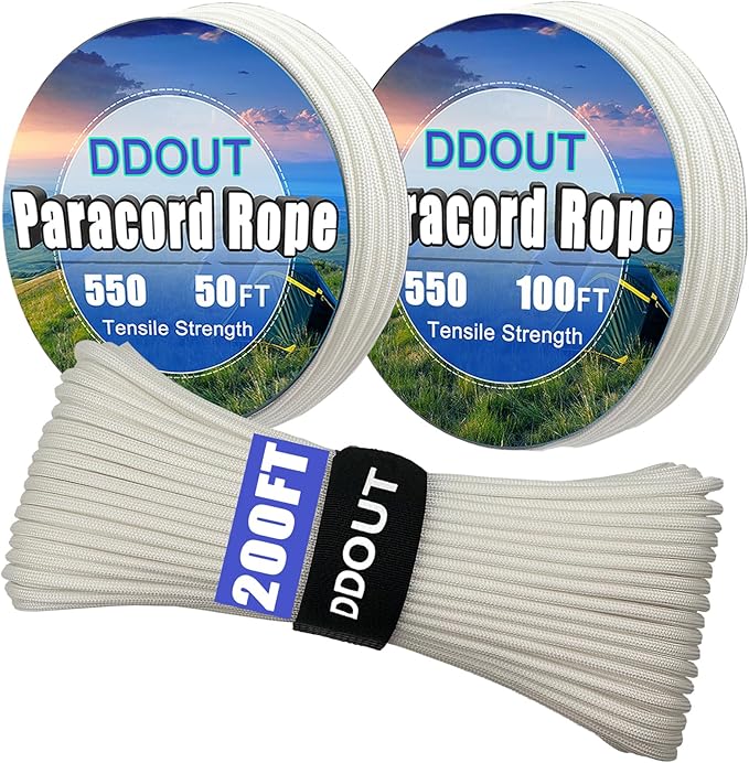 Paracord Nylon Rope 100ft White with 7-Strand Core, 10 Colors and 50/100/200 ft, Type III Parachute Cord 4mm for Camping, Survival, Hiking, DIY, Crafting, Outdoor Utility Rope