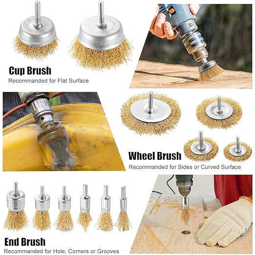 Wire Brush for Drill Set, 12Pcs Cup, Wheel & End Brush Kit with 1/4” Shank, Brass Coated Drill Brush Attachments for Rust Removal, Stripping, and Abrasive