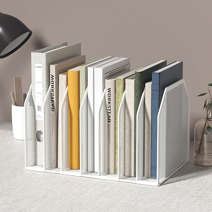 Metal 7 Section File Folder Organizer for Desk | Vertical Office File Holder | Heavy-Duty Mesh Document Sorter for Books, Binders, Laptops | White Desk Organizer (12.8”x8.5”x7.9”)
