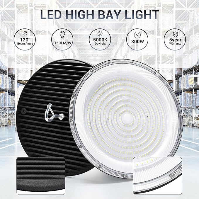 300W UFO Led High Bay Light,120VAC,5000K Daylight Commercial Bay Lighting,IP66 Waterproof,45050LM,1300W MH/HPS with Plug Area Light for Warehouse/Shop/Workshop/Barn/Gym/Factory