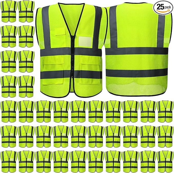 25 Pack Safety Vests Bulk Yellow Reflective High Visibility Vest with Mesh Pocket Zipper, Hi Vis Silver Strip for Men, Neon