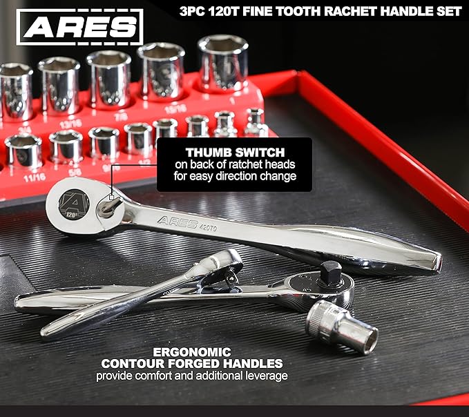 ARES 42067 – 120 Tooth Ratchet Set – 1/4-Inch, 3/8-Inch, and 1/2-Inch Drive - 3 Degree Swing Arc – Reversible Ratcheting Mechanism - Ergonomic Handle and Professional Gear Structure