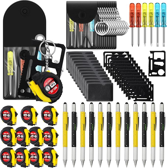 48 Pcs Mini Tape Screwdriver Keychain Set Christmas Men Gifts Bulk Adult Party Favors Multitool Pen Card Tool Measuring Keychains Stocking Christmas Stuffers for Men Dad (Yellow,Black)