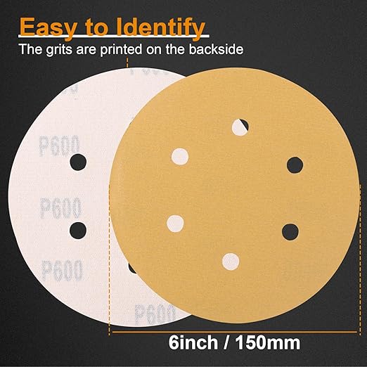 100 PCS 6 Inch Sanding Discs 600 Grit, 6 Hole Hook and Loop Round Sandpaper for Random Orbital Sander
