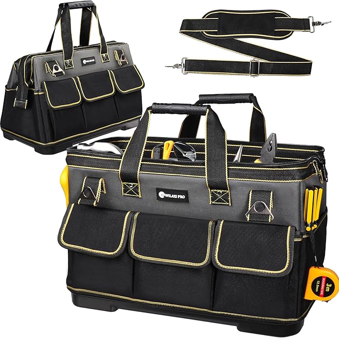 17 in Tool Bag For Men with Waterproof Molded Base, High Capacity Wide Mouth Tote, Construction Worker Electricians Tool Bags, Large Tool Bag Organizer for Men Women (GREY)