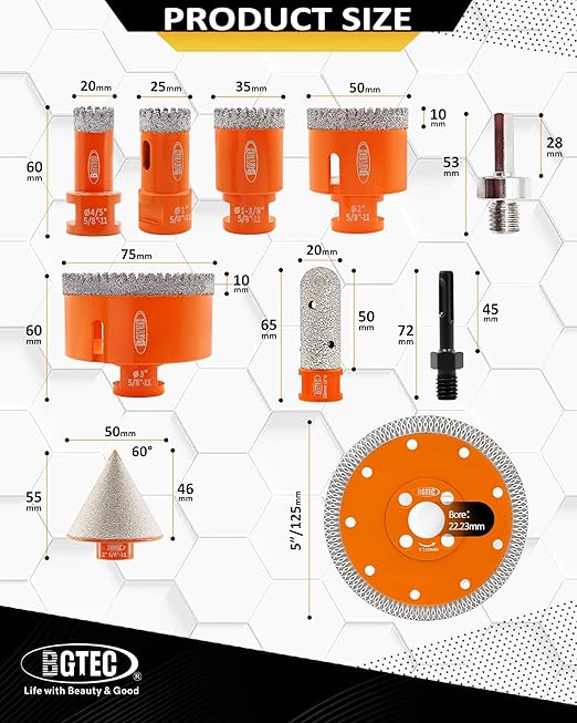 BGTEC Diamond Hole Saw Kit - 9PCS 20/25/35/50/75mm Drill Bits & 20mm Milling Finger Bit & 50mm Chamfering Bit & SDS/HEX & 125mm Tile Blade for Porcelain Tile Ceramic Granite Marble Stoneware