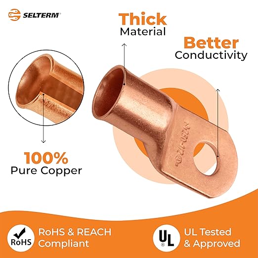 SELTERM 10pcs 250 MCM - 1/2" Stud - Battery Lugs, Heavy Duty Wire Lugs, Ring Terminals, Battery Cable Ends,250 kcmil Terminals, UL Bare Copper Eyelets Electrical Battery Terminal Connectors