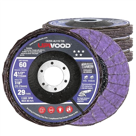 5-Pack 4.5" x 7/8" Ceramic Flap Disc, 60 Grit, Bevel Type #29, Premium Industrial Grade, High-Performance Angle Grinder Grinding Wheel for Edge Grinding - Purple