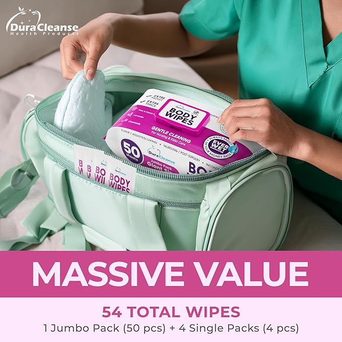 XL Body Wash Wipes for Adults Bathing No Rinse & Elderly Incontinence (4pk) - 200 Ct. + 16 Travel Bath Wipes - 9"x12" Disposable Washcloths for Adult Surgery Recovery Supplies & Elder Care Products