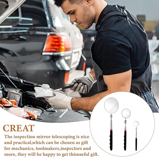 6Pcs Telescoping Mirror, Stainless Steel Extendable Inspection Mirror Telescoping, Telescoping Inspection Mirrors with Long Handle Tool for Technicians, Mechanics, Contractors (Black, Round)