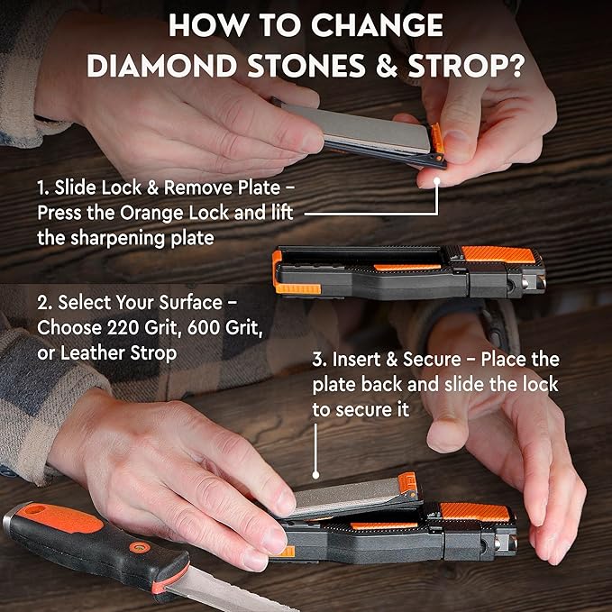 8-in-1 Pocket Field Knife Sharpener – Guided Diamond Whetstones, Diamond Rod, Leather Strop, 2 Sharpening Slots, Fire-Starter Ferro Rod & Whistle – Outdoor, Yard, Camping by Sharp Pebble