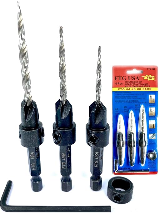FTG USA Adjustable Wood Countersink Drill Bit Set #4#6#8 with Tapered Drill Bits for Woodworking